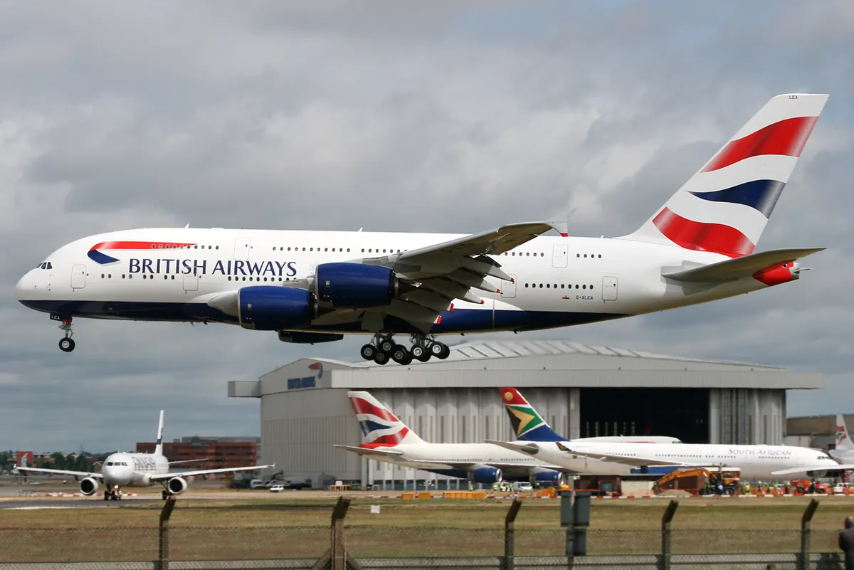 British Airways Airbus A380 G-XLEA landing, the ICAO type designator for this model is A388